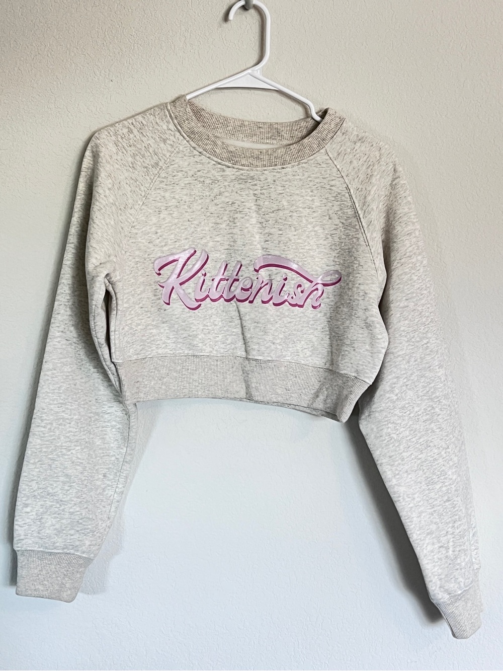 Kittenish Logo Cropped Sweatshirt, Heather Gray & Cream, Size M